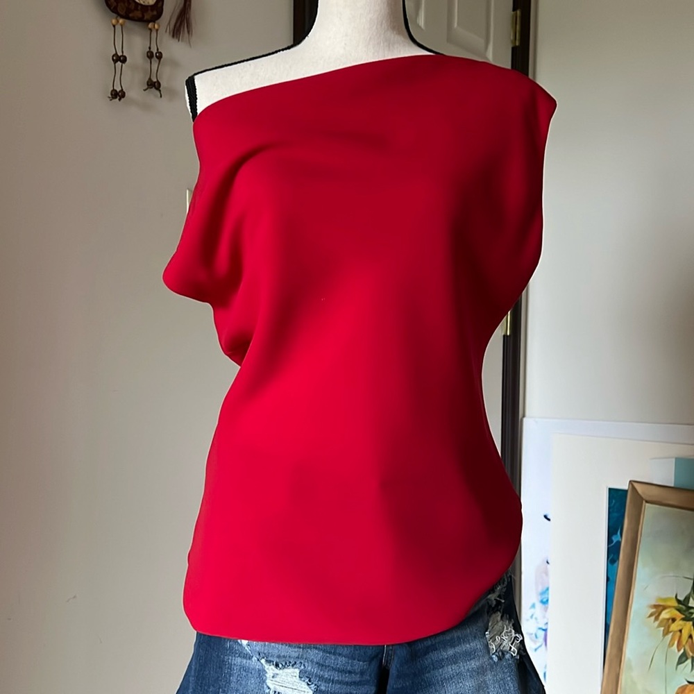 Theory Red One-Shoulder Draped Blouse